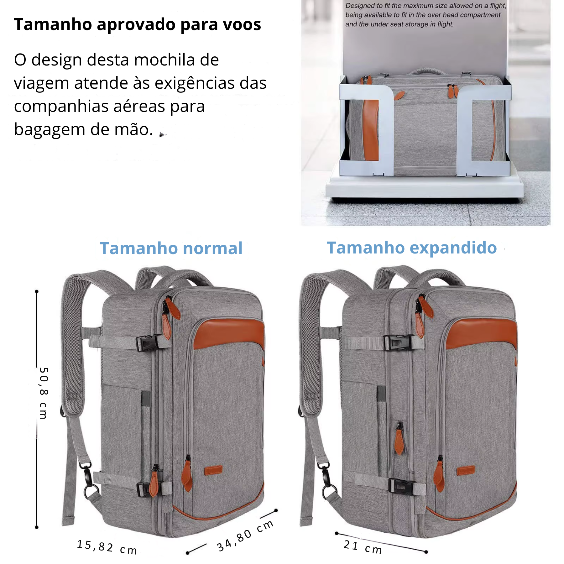 Mochila de viagem feminina cinza acompanhada de necessaires para melhor organização
