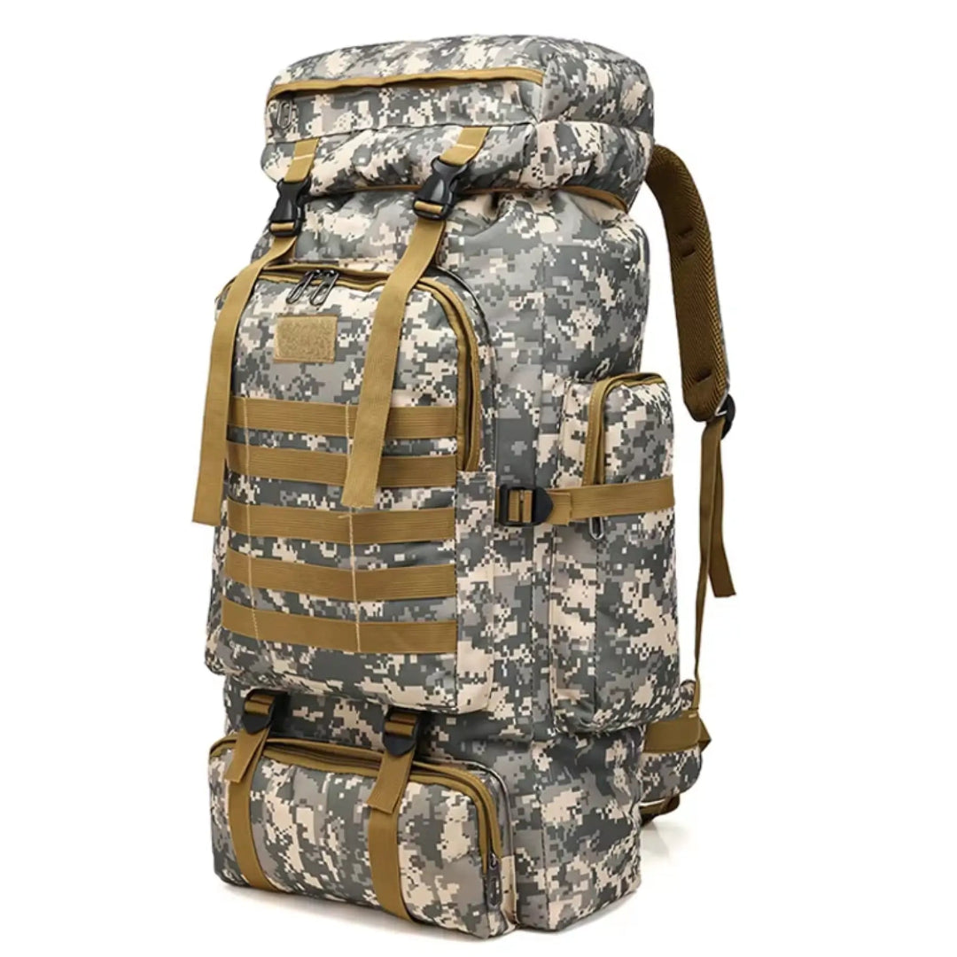 TrekMaster 60L camuflada para trilhas, camping e viagens