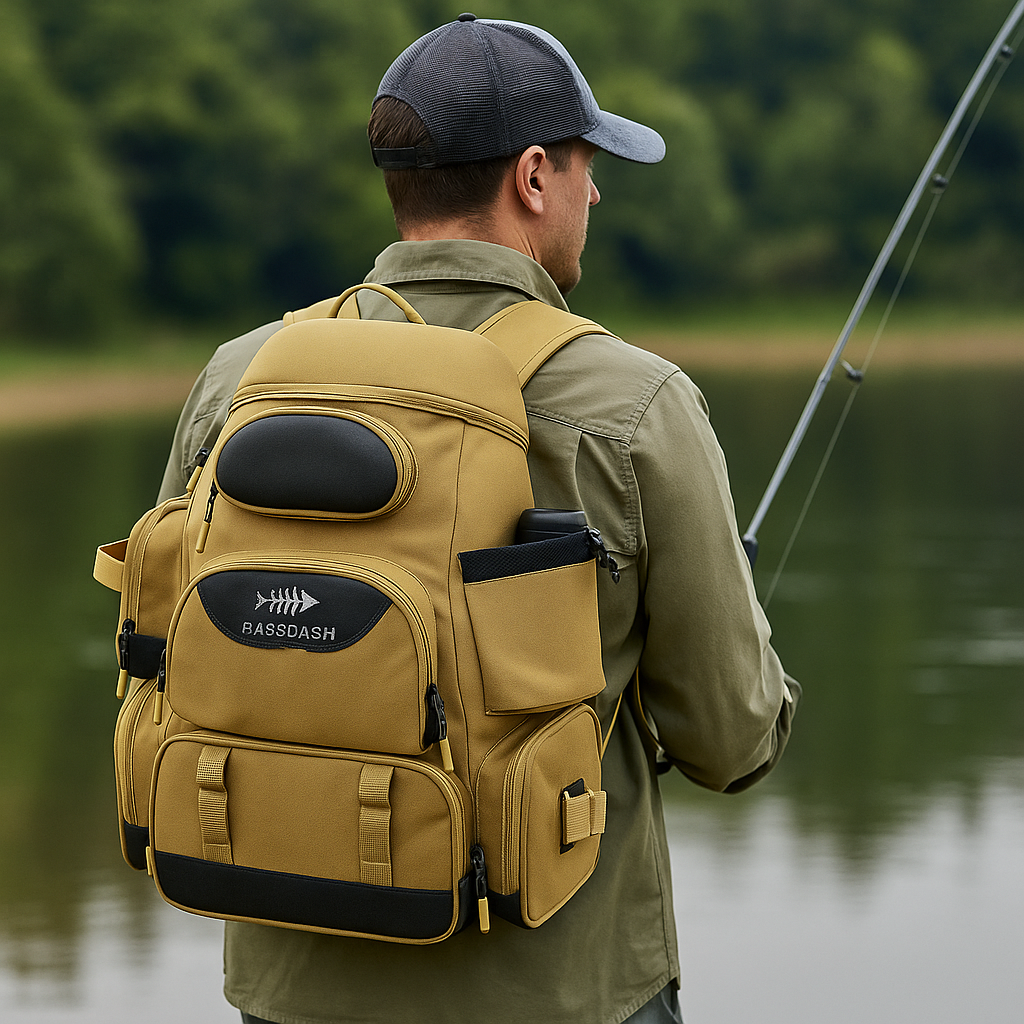 Compartimento inferior da mochila RiverTrek bege com espaço para caixas de pesca
