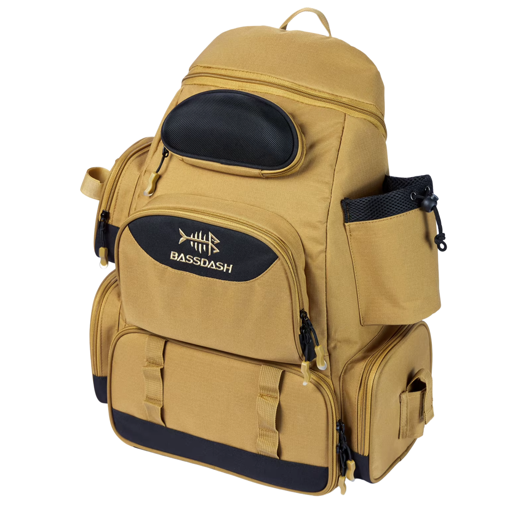Mochila de pesca RiverTrek 55L bege vista de frente com design robusto