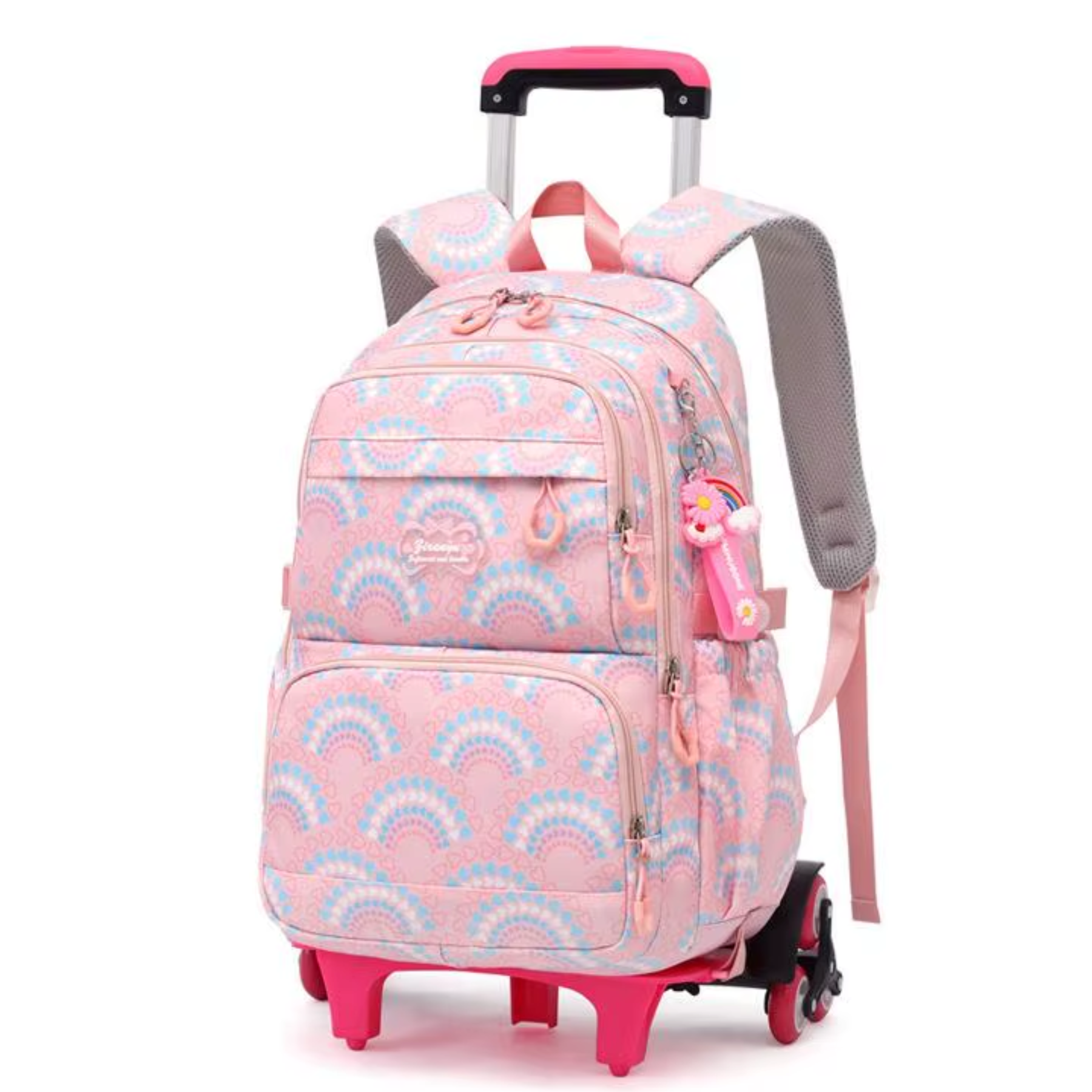 Mochila escolar feminina rosa RollyPrincess com 6 rodas e 2 bolsas inclusas
