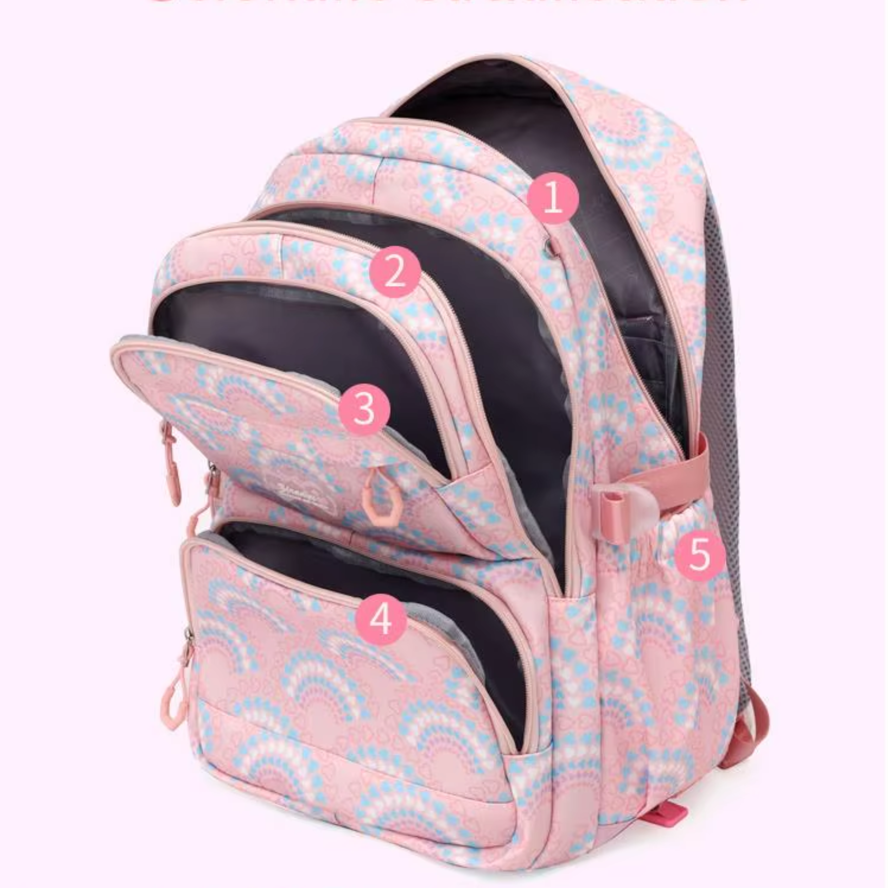 Conjunto mochila mais duas bolsas em rosa sobre mesa escolar
