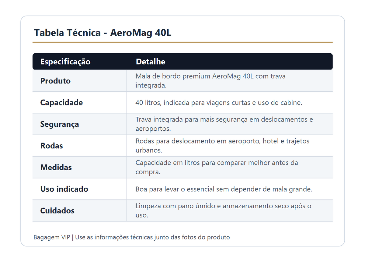 Tabela técnica da AeroMag 40L
