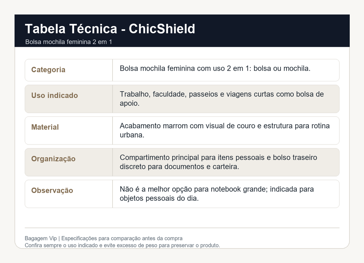 Especificações técnicas da ChicShield