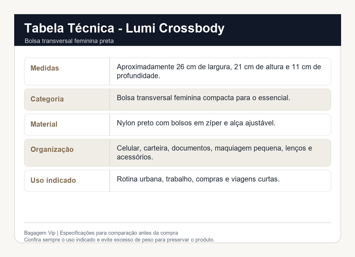 Especificações técnicas da Lumi Crossbody