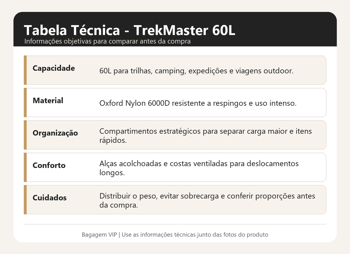 Especificações técnicas da TrekMaster 60L