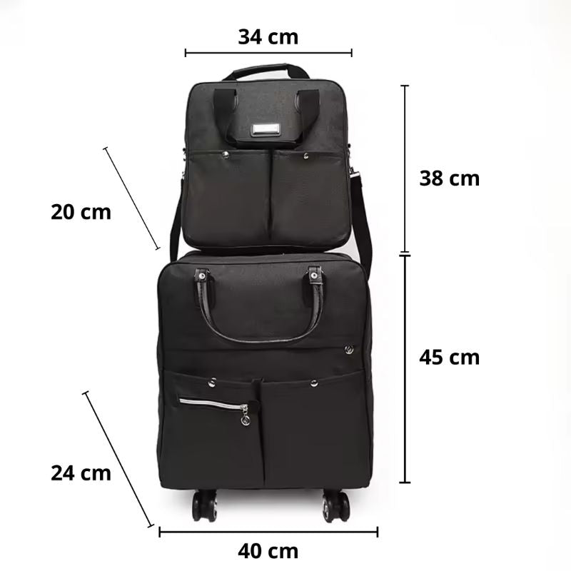 Imagem técnica com medidas do kit TravelFlex Duffel 2 peças