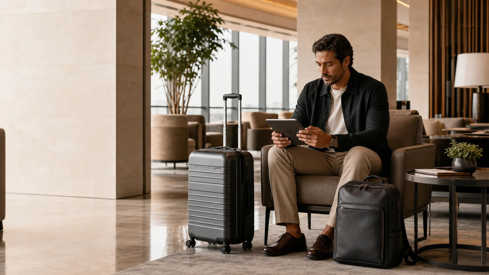 Viajante executivo com mala e mochila premium
